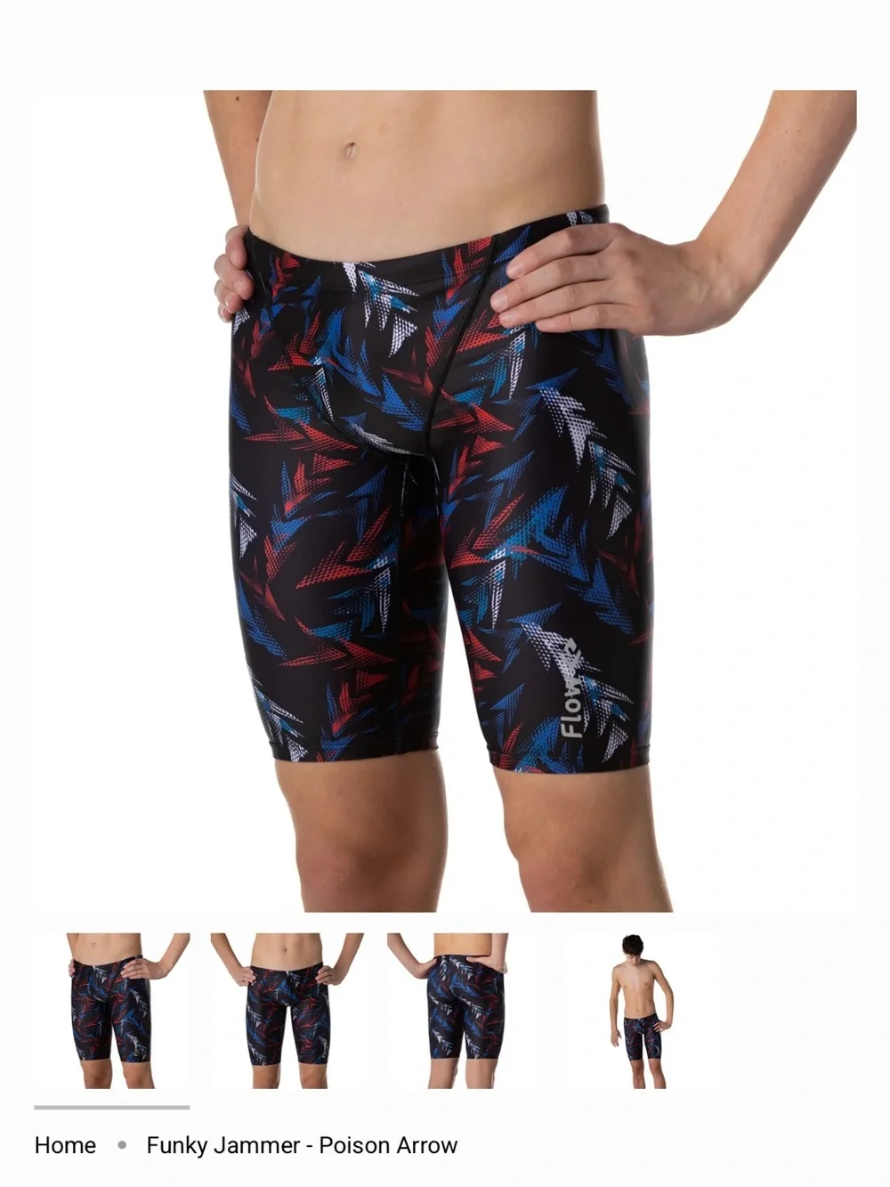 Flow Kids' Black Swim Trunks with Red, Blue & White Pattern